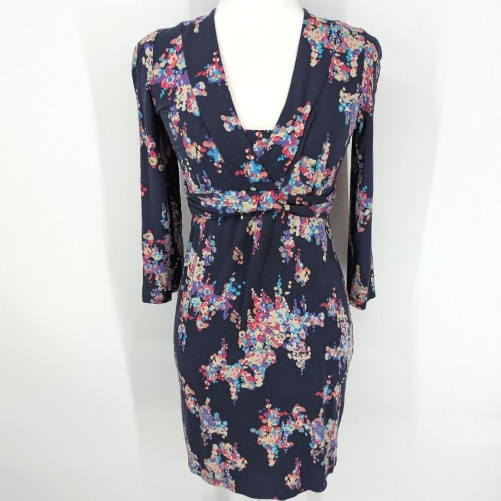 Boden Navy Blue Multicolor Abstract Long Sleeve V-Neck Ruched Sheath Dress 12
